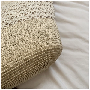 Détail du sac cabas en paille montrant le tissage dense et les motifs en maille ajourée