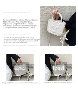 White mini square bag with cute 3D rabbit patterns and dimensions showing 19x16x7cm