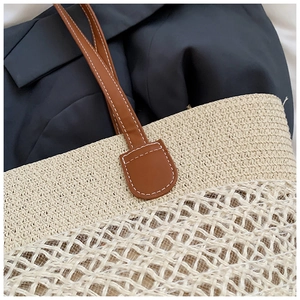 Détail du sac cabas en paille tissé avec design ajouré et anse en similicuir marron