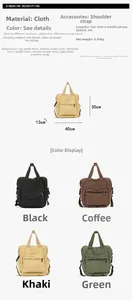 Detailed size specifications for canvas tote showing dimensions and four color variants