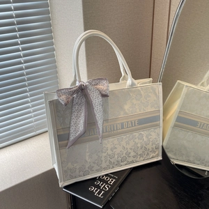 Floral embroidery tote bag with decorative scarf and elegant light blue flower pattern
