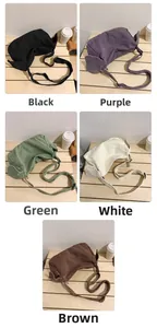 Collage showing five colors of casual canvas crossbody bags on a wooden desk with a cup
