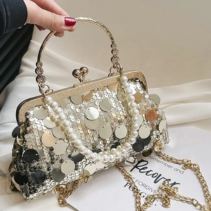 Damen Vintage Pailletten Abendtasche Muschelform Künstliche Perlenkette Schulter Umhängetasche Glitzer Klickverschluss Party Clutch