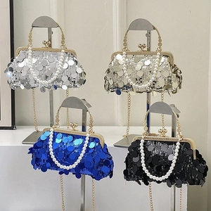 Pailletten-Abendtasche mit Perlengriff und Metallkette in vier Farben für Damen