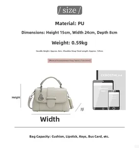 Size comparison chart for beige lychee texture PU leather handbag with swan pendant