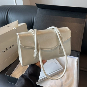 Cream white faux leather underarm shoulder bag with flap cover in premium gift box