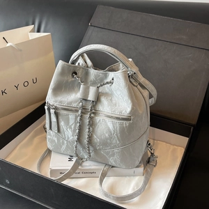 Women Fashion Crinkled PU Leather Bucket Backpack Drawstring Chain Shoulder Crossbody Bag For Casual Travel Daily Use