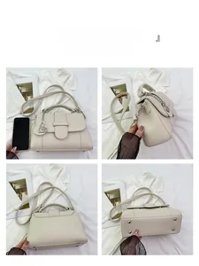 Multiple views of beige lychee grain leather handbag with silver hardware and phone for scale