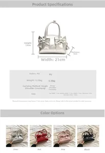 Detailed size specifications and material chart for the bow pillow handbag with PU leather