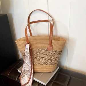Sac Cabas en Paille Tissée pour Femmes Grande Capacité Mode Plage Épaule Avec Foulard Décontracté Quotidien Sac Seau