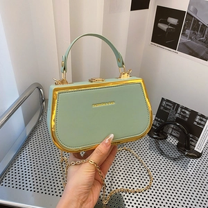 Mint green leather crossbody bag with gold metal frame and chain shoulder strap