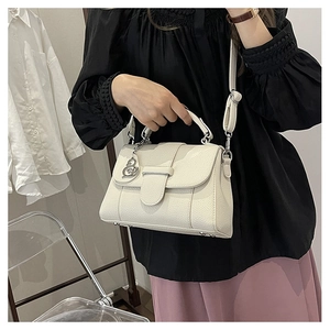 Detail of off-white lychee texture leather handbag with silver swan charm and strap