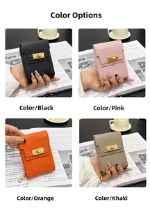 Detailed views of mini wallets in black pink orange and khaki with lychee grain texture