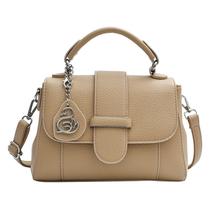 Khaki lychee texture leather handbag with swan charm and adjustable shoulder strap