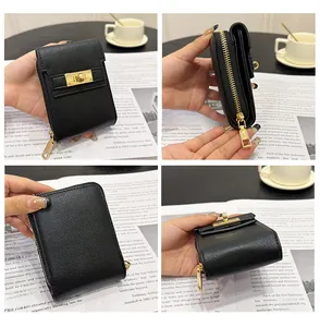 Detailed multi-angle view of black pebble leather mini card wallet with gold turn-lock