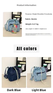 Detail view of denim bucket bag showing drawstring closure and two blue color options