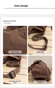 Close-up of brown canvas bag texture with adjustable strap and side pocket design