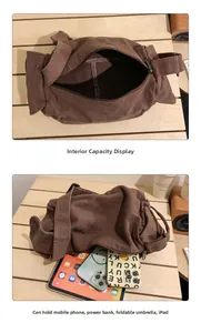 Internal view of large brown canvas crossbody bag showing capacity for iPad and phone