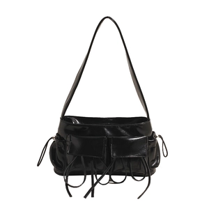 Minimalist black glossy PU leather shoulder bag with multi-pocket utilitarian design