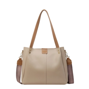 Grand sac cabas en similicuir beige avec anses brunes et bandoulière tissée large