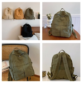 Vue détaillée du grand sac à dos en toile avec poches robustes en quatre coloris