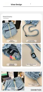 Detail view of denim drawstring bag showing fabric texture and adjustable strap