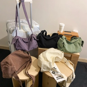 Women Retro Washed Canvas Crossbody Bag Street Style Large Capacity Shoulder Bag Solid Color Casual Student Messenger Bag