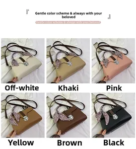 Detailed grid view of textured leather satchels in six colors with silk scarf handles