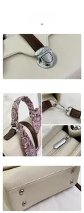 Detailed views of beige lychee leather handbag showing silver hardware and silk scarf handle