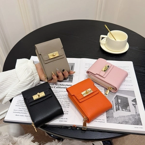 Litchi pattern leather mini card holder bags with gold hardware in 4 assorted colors