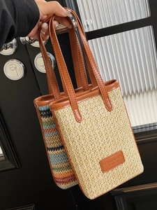 Sac seau d'été en paille pour femme avec sangles rayées et poignées en cuir marron