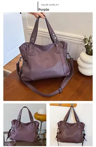 Detailed close-up of the purple tote bag with vintage metal rivets and textured soft leather