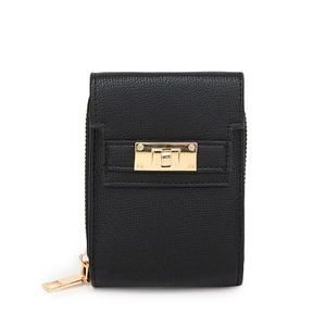 Minimalist black pebble leather cross-body bag with golden twist lock and zipper detail