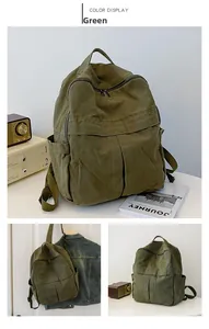 Vues détaillées du sac à dos vintage en toile verte avec plusieurs poches et sangles