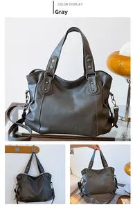 Detailed views of a grey large-capacity PU leather tote bag with vintage metal rivets