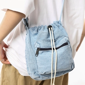 Casual Unisex Denim Drawstring Bucket Bag Japanese Street Style Washed Jean Crossbody Small Sling Bag Daily Travel Shoulder Bag