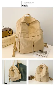 Détails du sac à dos en toile kaki montrant les poches avant et la vue de profil