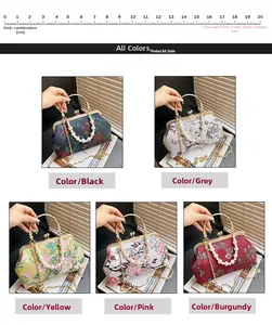 Detail showing vintage satin frame bags with pearl handles and various floral patterns