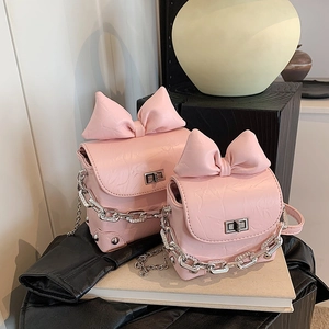 Women's Mini Crossbody Bag With Large Bow PU Leather Wrinkled Texture Chain Strap Silver Turn Lock Fashion Shoulder Bag