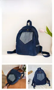 Three-view layout of a dark blue denim backpack featuring a light blue triangle pocket detail