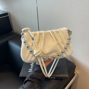 Sac Nuage Plissé à la Mode pour Femme Sac Sous le Bras en Cuir PU Chic Avec Chaîne à Billes Argentée Sac à Main Bandoulière Quotidien
