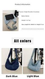 Detailed size chart of large washed denim hobo bag in dark blue and light blue colors