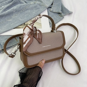 Vintage two-tone contrast small square handbag with adjustable shoulder strap and silk scarf