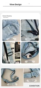 Detail view of denim tote bag showing smooth zippers, wide straps and internal pockets