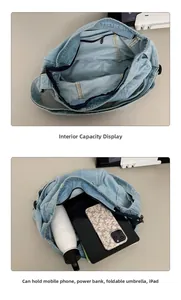 Internal view of blue denim tote bag showing spacious capacity for tablet and accessories