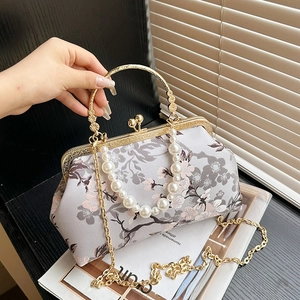 Vintage Floral Kiss-lock Crossbody Bag Artificial Pearl Handle Metal Chain Handbag Women Elegant Satin Fabric Evening Purse
