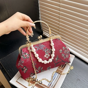 Red vintage floral jacquard pearl handle shell bag with golden metal chain strap