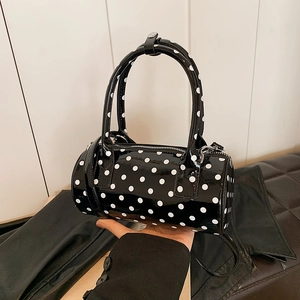 Polka dot patent leather boston handbag with top handle and detachable shoulder strap
