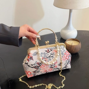 Vintage floral shell handbag with pearl handle and gold chain strap for women