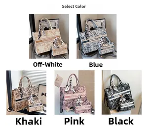 Detail view of canvas tote bag set with floral print and logo in five stylish colors